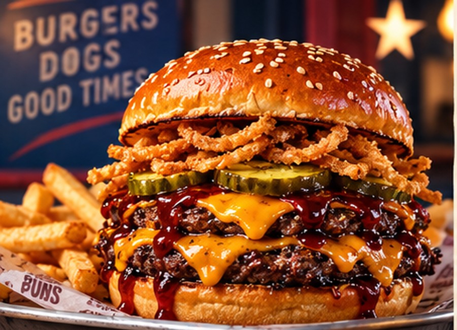 Lone Star BBQ Stack double cheeseburger with cheddar, pickles, crispy onions and barbecue sauce