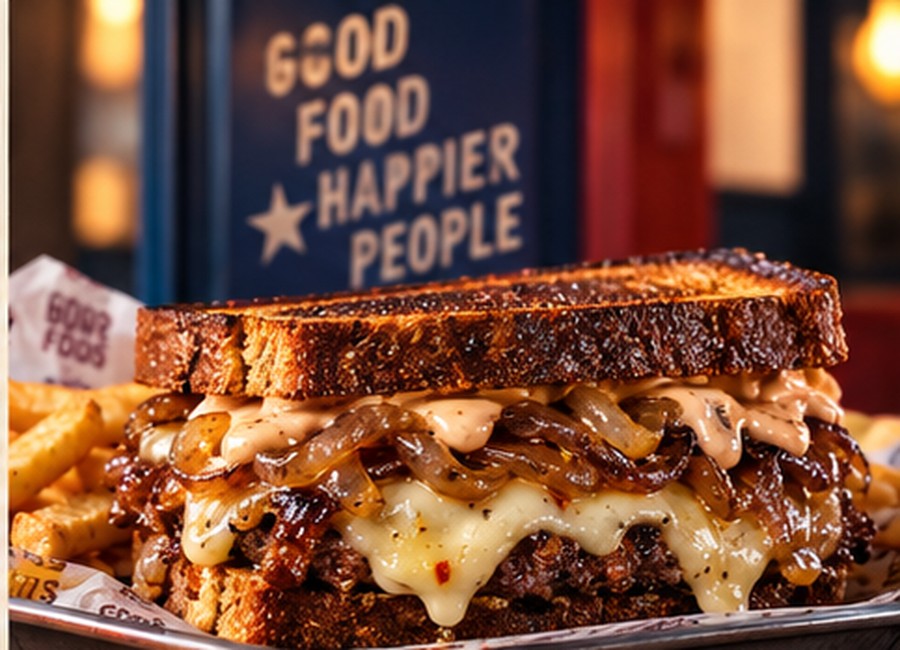 Patty Melt Deluxe on toasted rye with Swiss cheese and caramelized onions