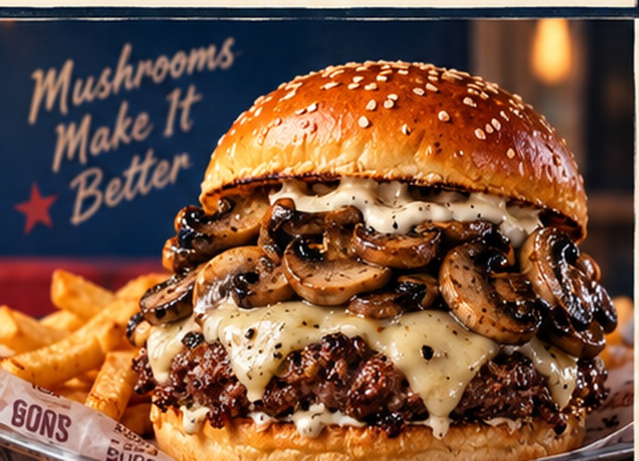 Mushroom Melt burger with Swiss cheese roasted mushrooms and garlic aioli