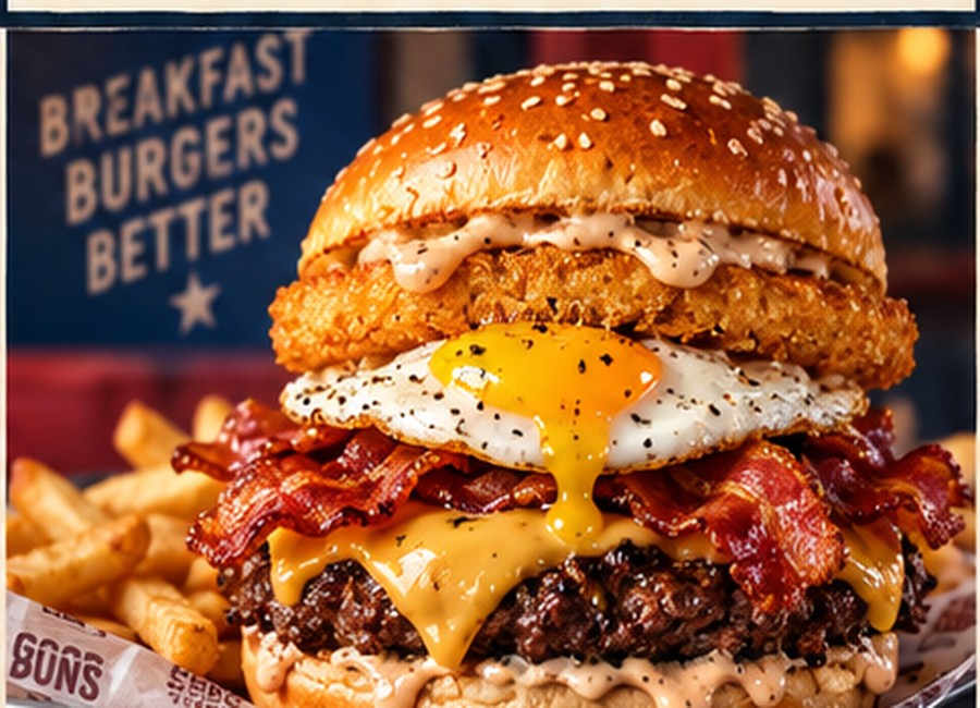 Sunrise Burger with bacon fried egg cheese hash brown and maple pepper mayo