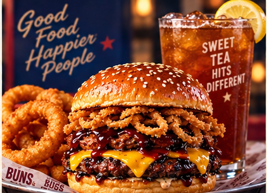 Backyard BBQ burger combo with onion rings and sweet tea