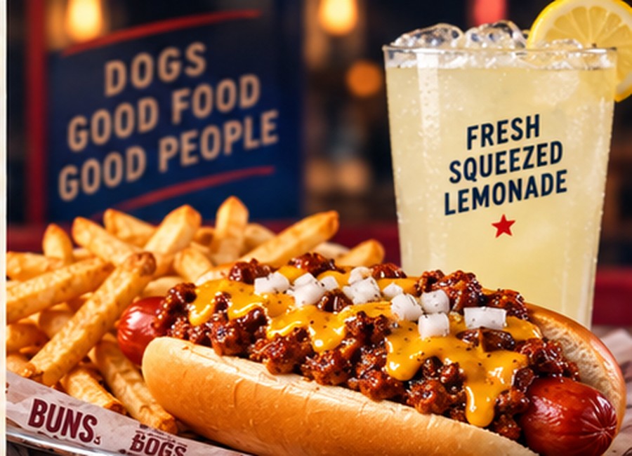 Chili cheese hot dog combo with fries and lemonade