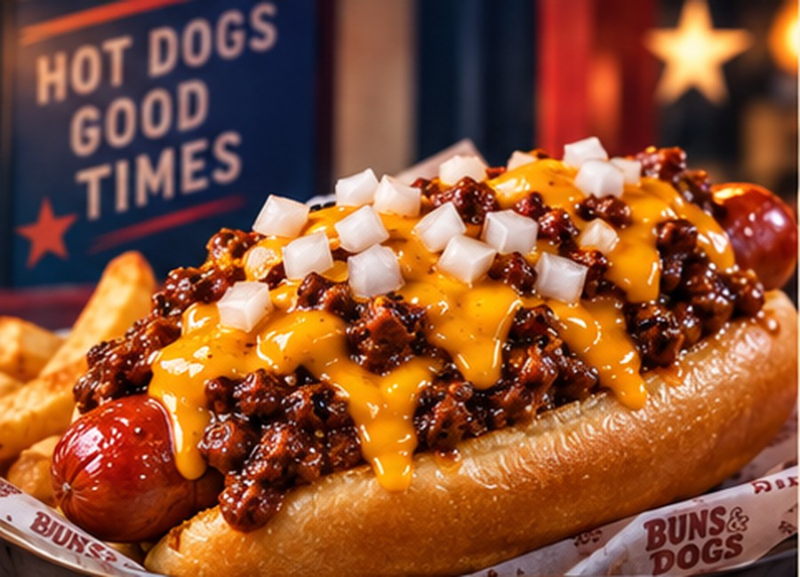 Texas Chili Dog with house chili cheddar and diced onion