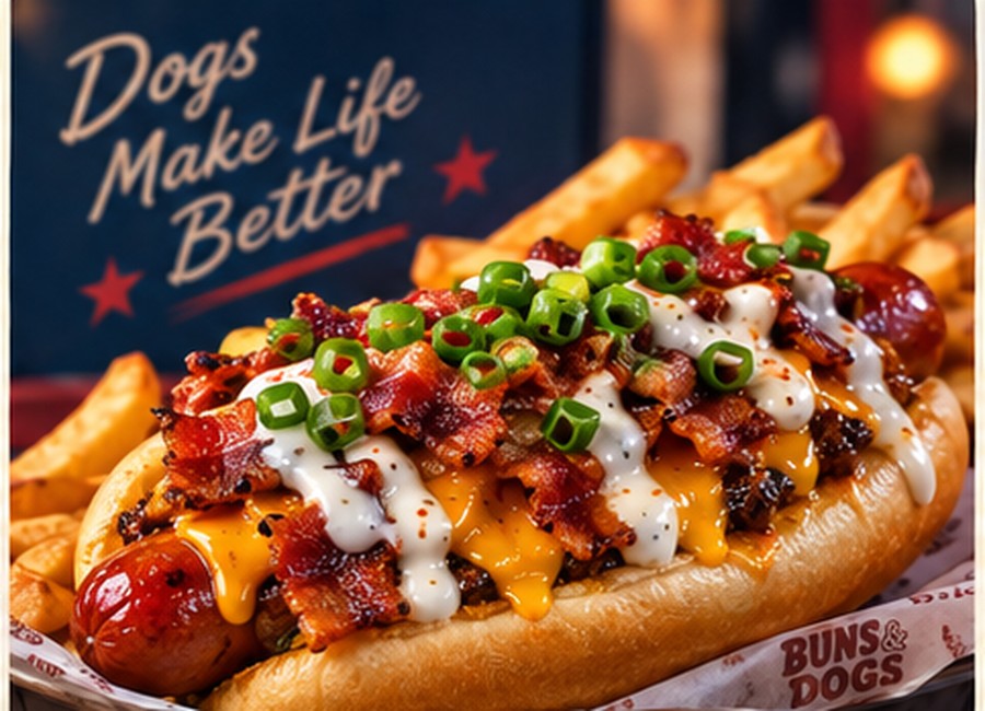 Bacon Ranch Dog with bacon ranch cheddar and green onions