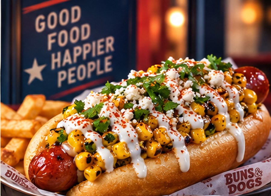 Street Corn Dog with chili-lime corn, cotija, crema and cilantro