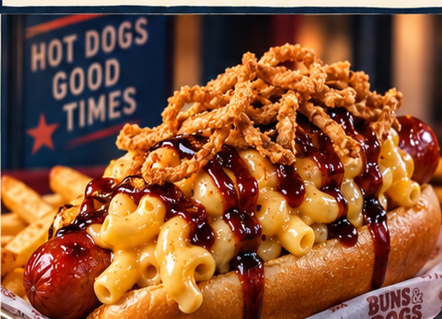 Mac Attack Dog with macaroni and cheese crispy onions and barbecue drizzle