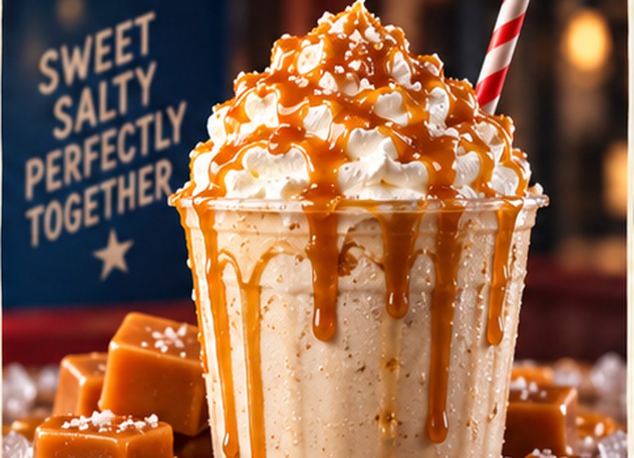 Salted caramel shake with whipped cream and caramel drizzle