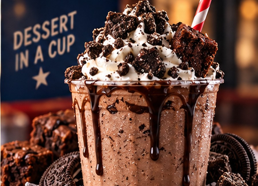 Oreo brownie shake with brownie pieces cookie crumble and whipped cream