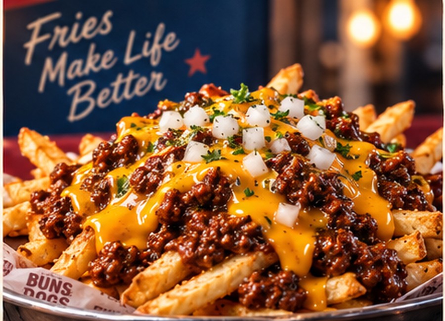 Chili cheese fries with house chili melted cheddar and onion