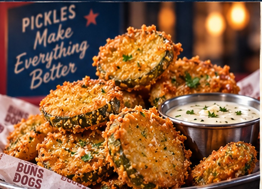 Fried pickle chips with ranch dipping sauce
